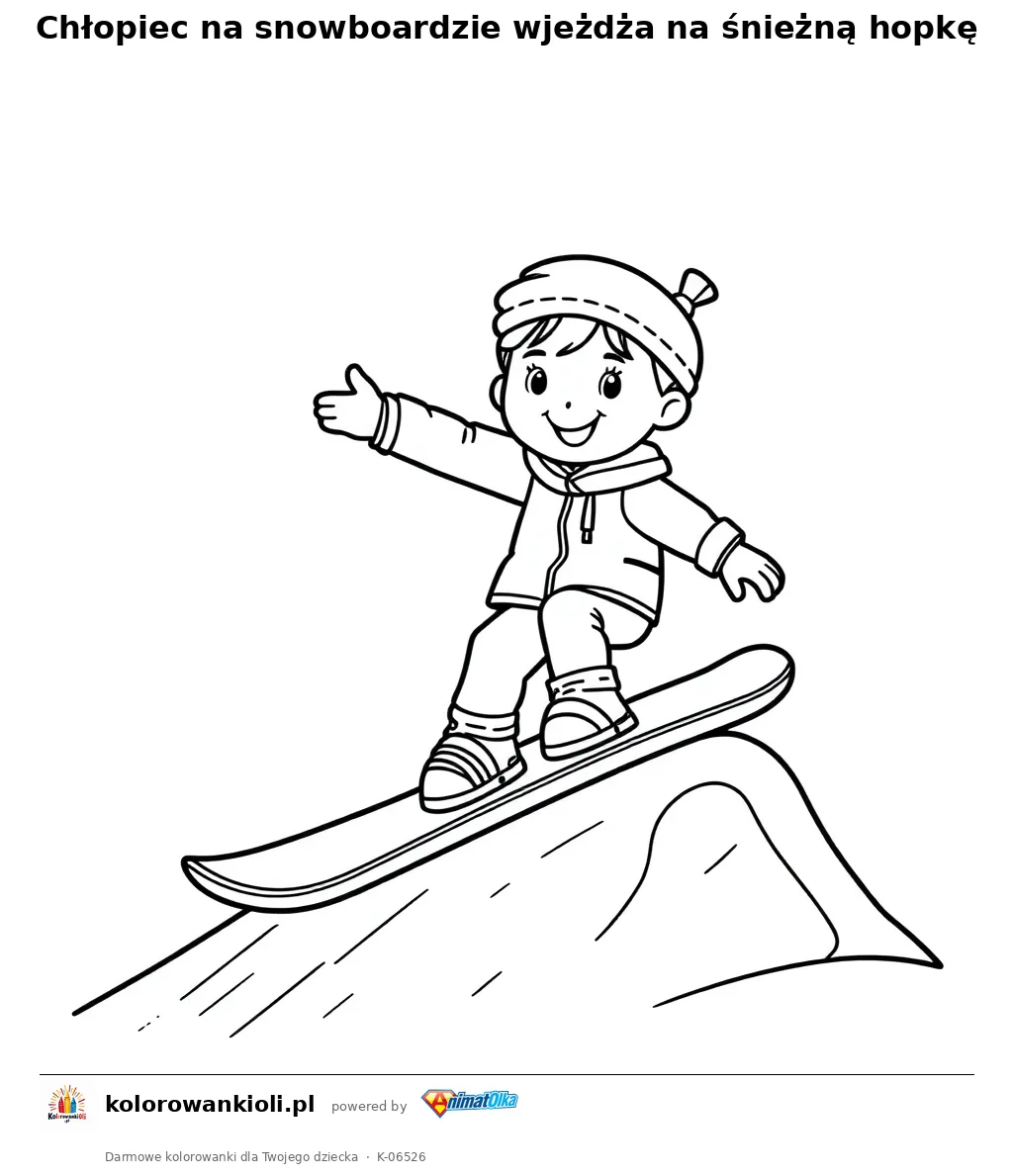 Chłopiec na snowboardzie wjeżdża na śnieżną hopkę — kolorowanka do wydruku dla dzieci