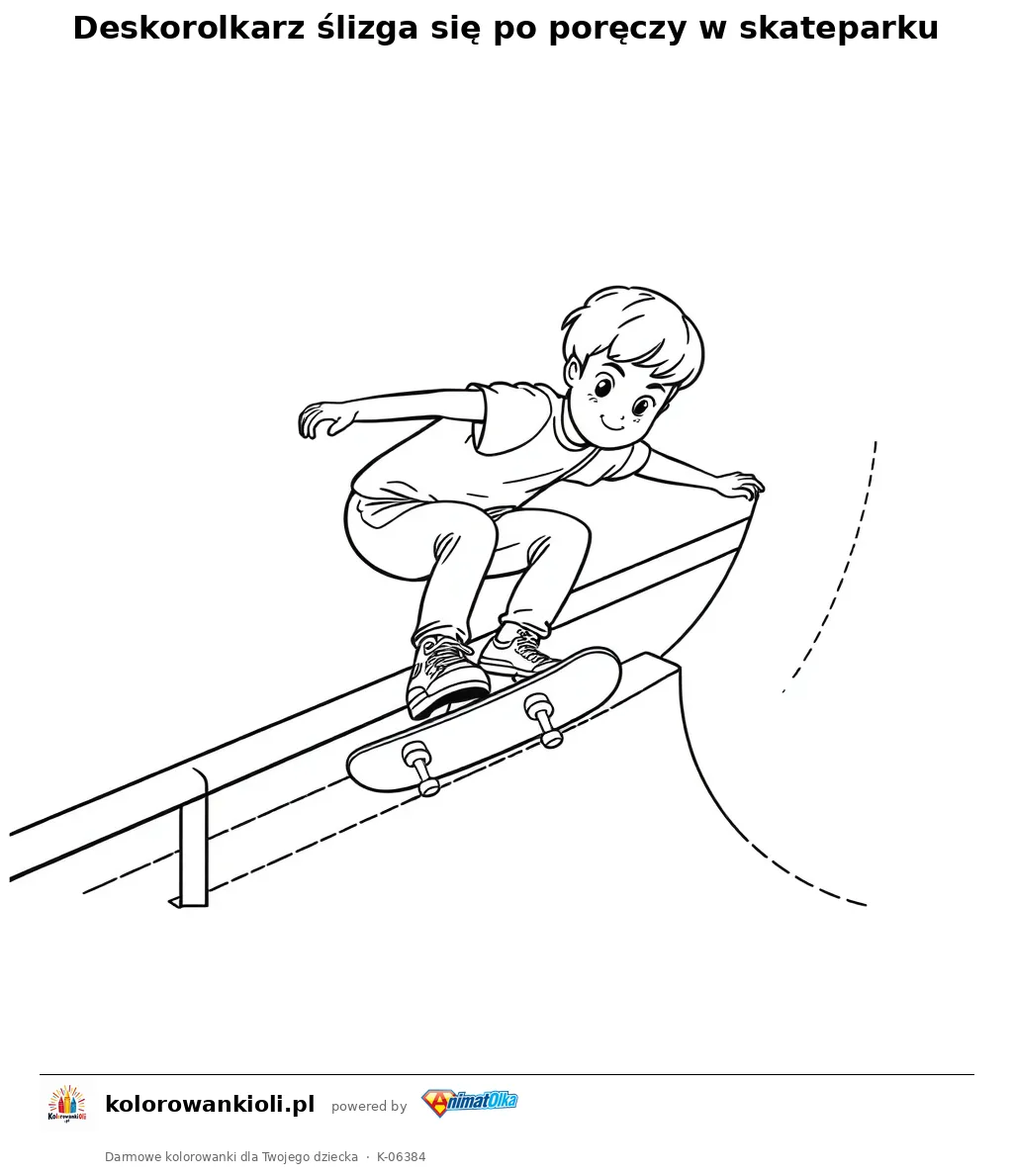 Deskorolkarz ślizga się po poręczy w skateparku — kolorowanka do wydruku dla dzieci