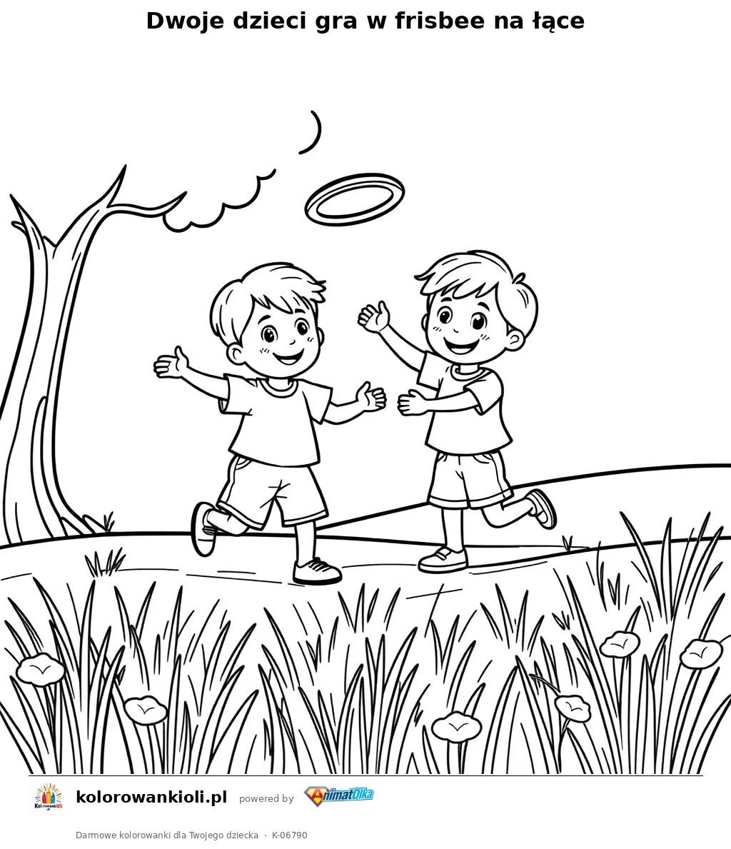 Dwoje dzieci gra w frisbee na łące — kolorowanka do wydruku dla dzieci