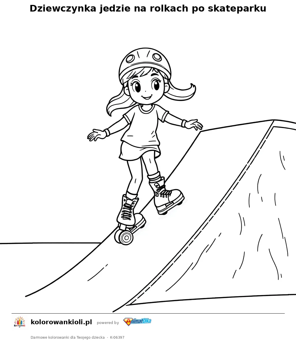 Dziewczynka jedzie na rolkach po skateparku — kolorowanka do wydruku dla dzieci