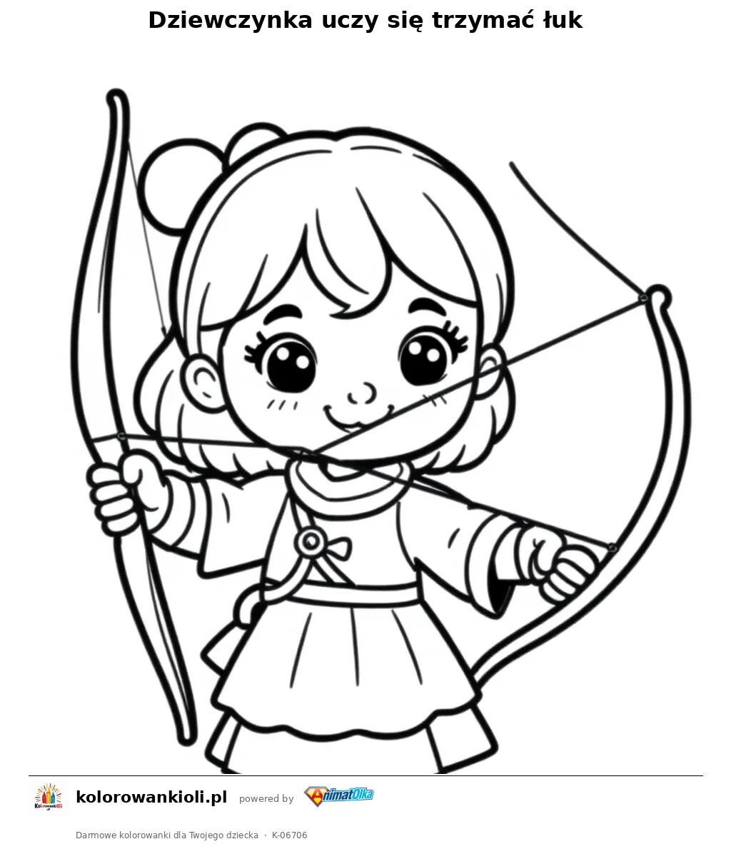 Dziewczynka uczy się trzymać łuk — kolorowanka do wydruku dla dzieci