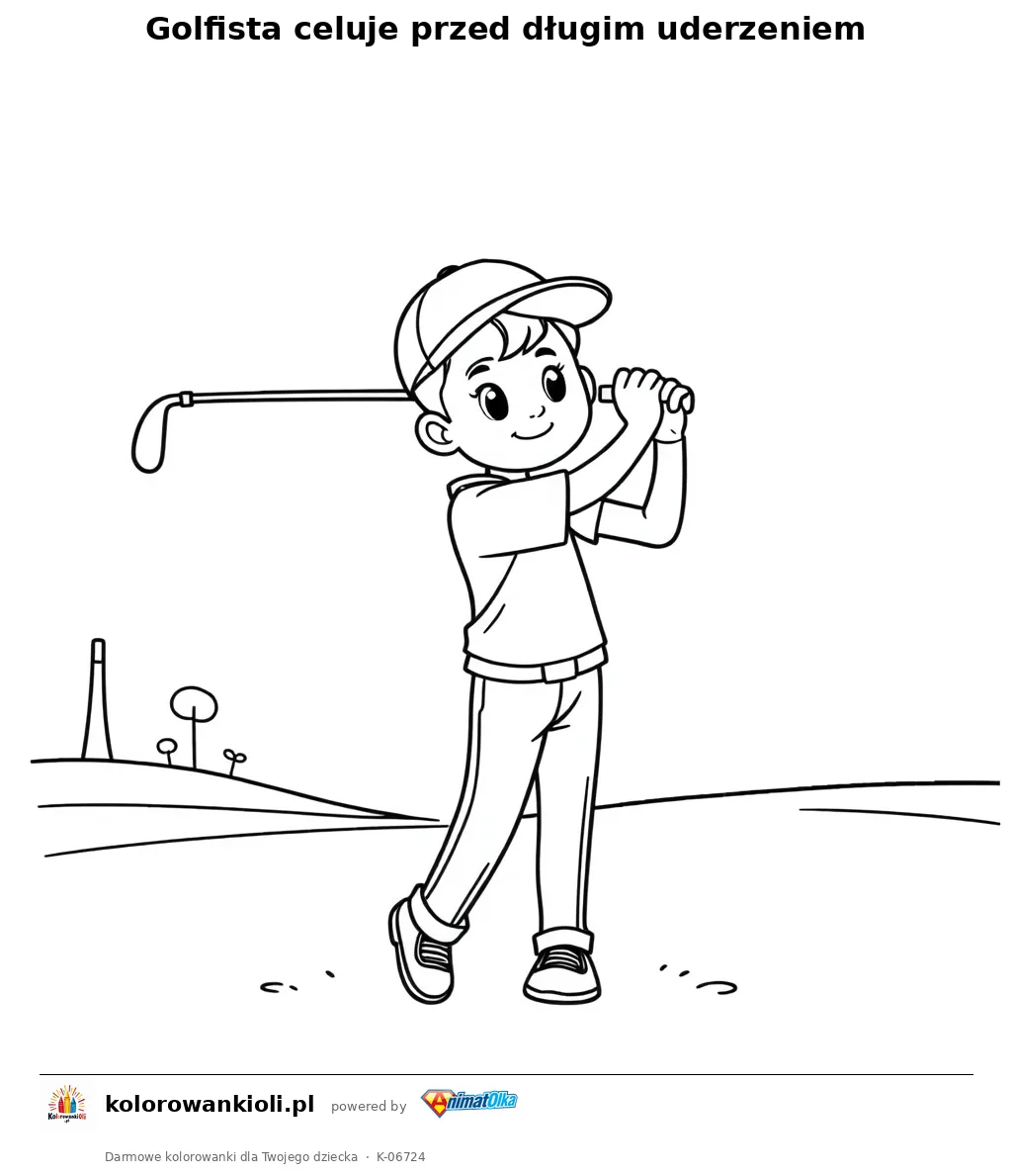 Golfista celuje przed długim uderzeniem — kolorowanka do wydruku dla dzieci
