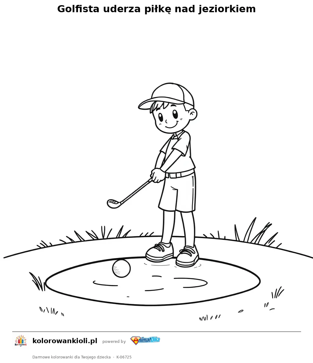 Golfista uderza piłkę nad jeziorkiem — kolorowanka do wydruku dla dzieci
