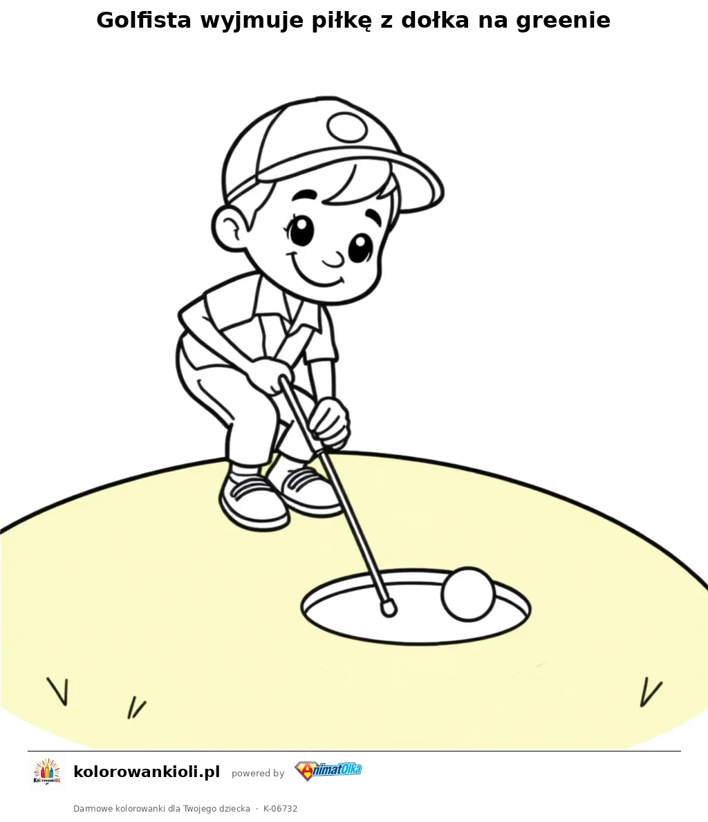 Golfista wyjmuje piłkę z dołka na greenie — kolorowanka do wydruku dla dzieci
