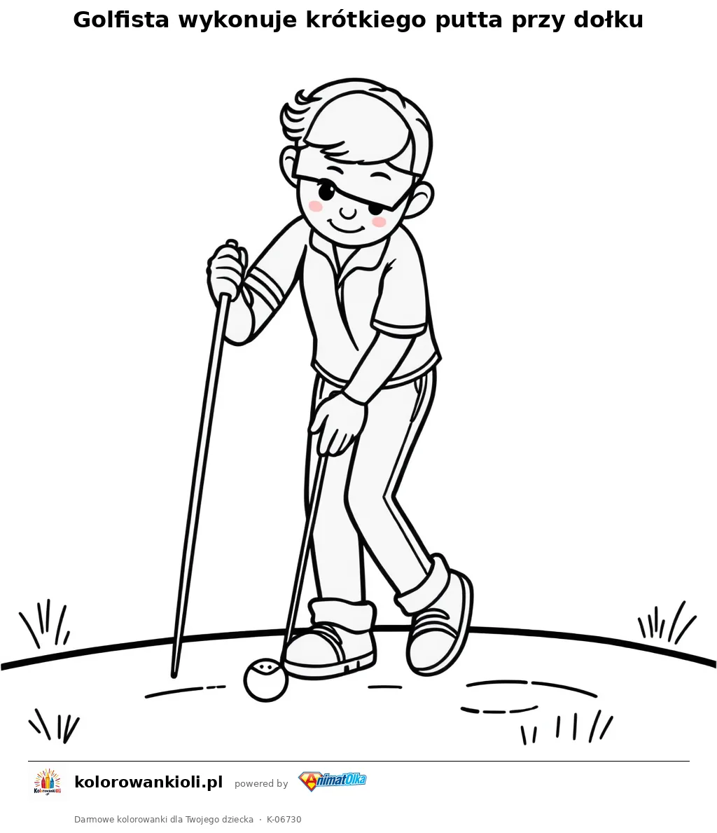 Golfista wykonuje krótkiego putta przy dołku — kolorowanka do wydruku dla dzieci