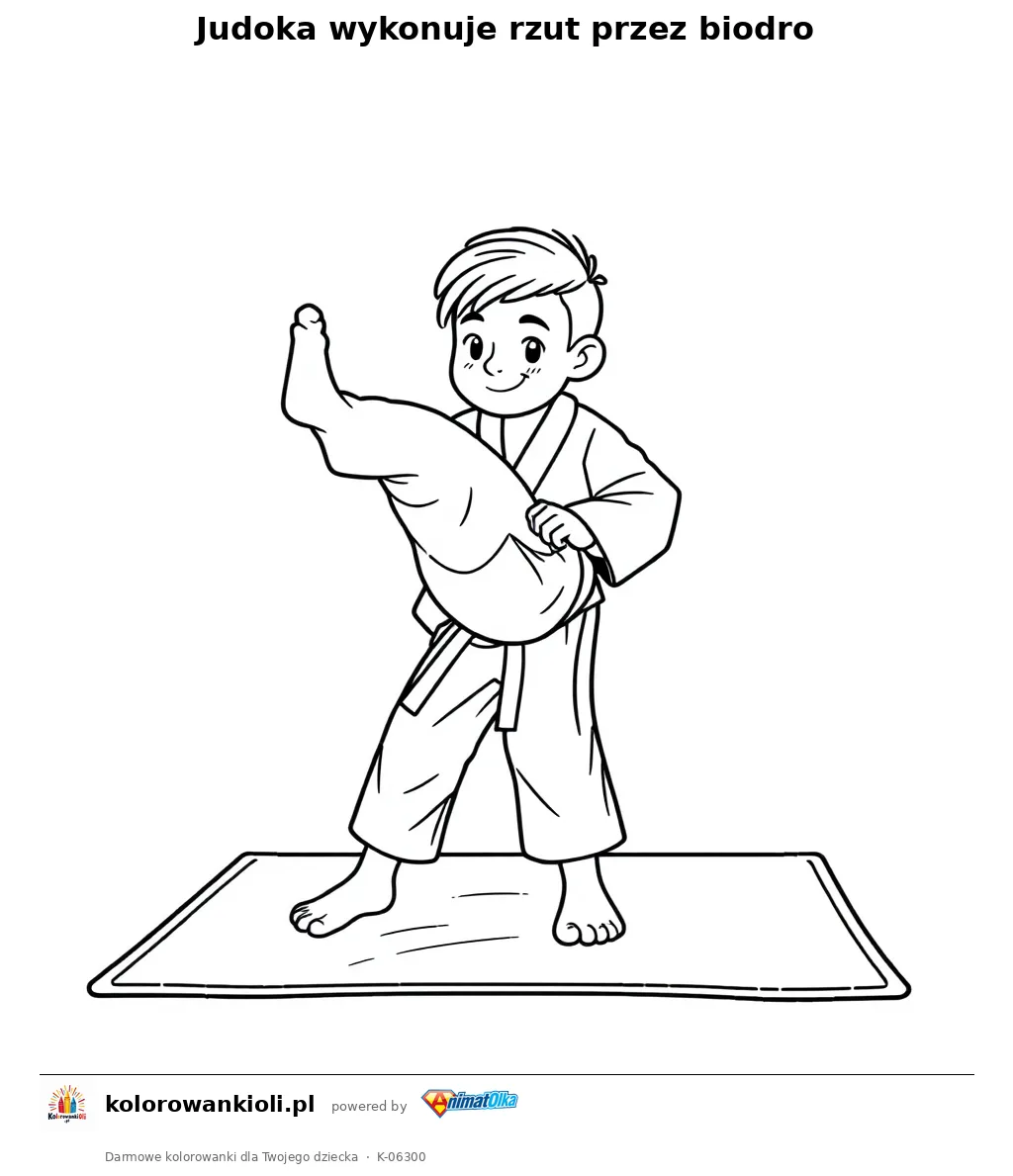 Judoka wykonuje rzut przez biodro — kolorowanka do wydruku dla dzieci