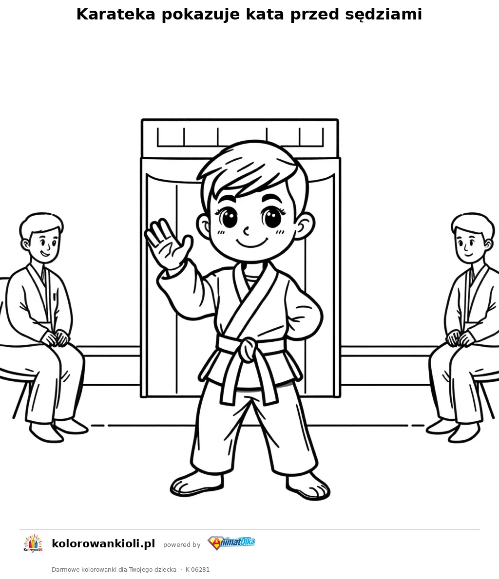 Karateka pokazuje kata przed sędziami — kolorowanka do wydruku dla dzieci