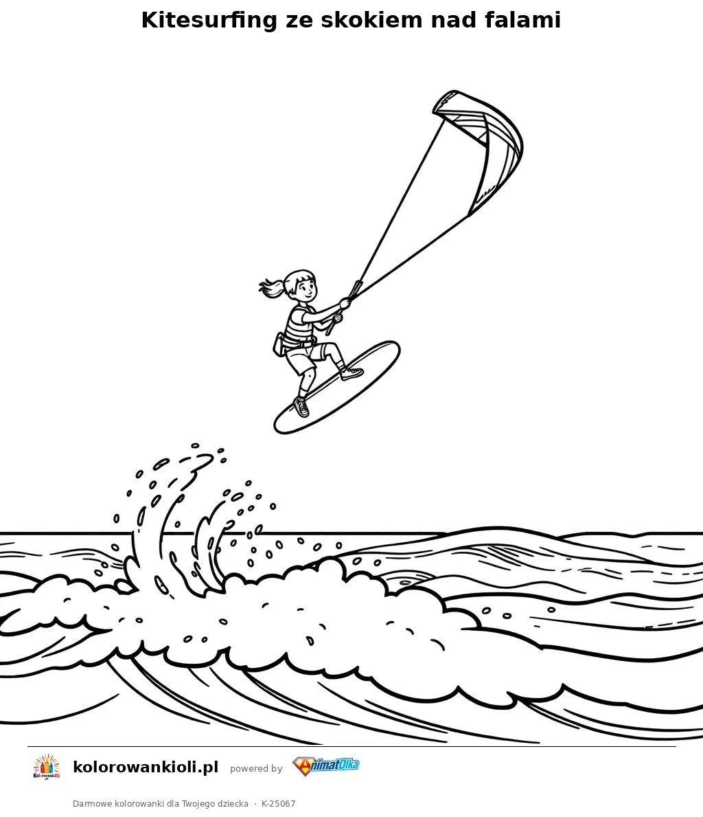 Kitesurfing ze skokiem nad falami — kolorowanka do wydruku dla dzieci