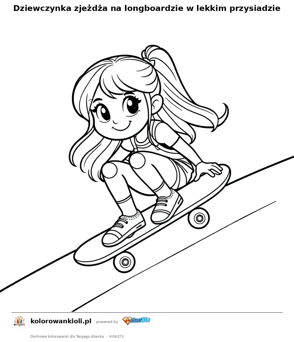Dziewczynka zjeżdża na longboardzie w lekkim przysiadzie — kolorowanka do wydruku dla dzieci
