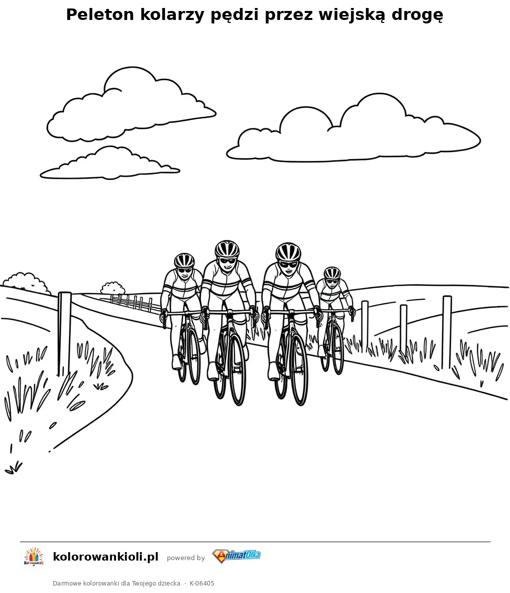 Peleton kolarzy pędzi przez wiejską drogę — kolorowanka do wydruku dla dzieci