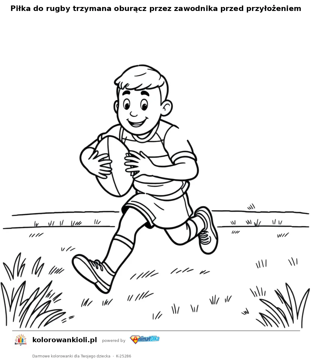 Piłka do rugby trzymana oburącz przez zawodnika przed przyłożeniem — kolorowanka do wydruku dla dzieci