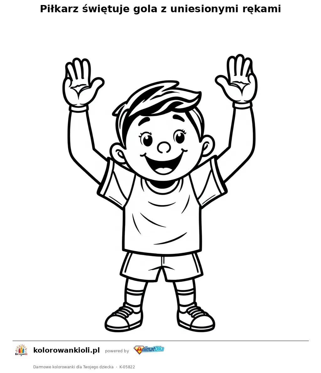 Piłkarz świętuje gola z uniesionymi rękami — kolorowanka do wydruku dla dzieci