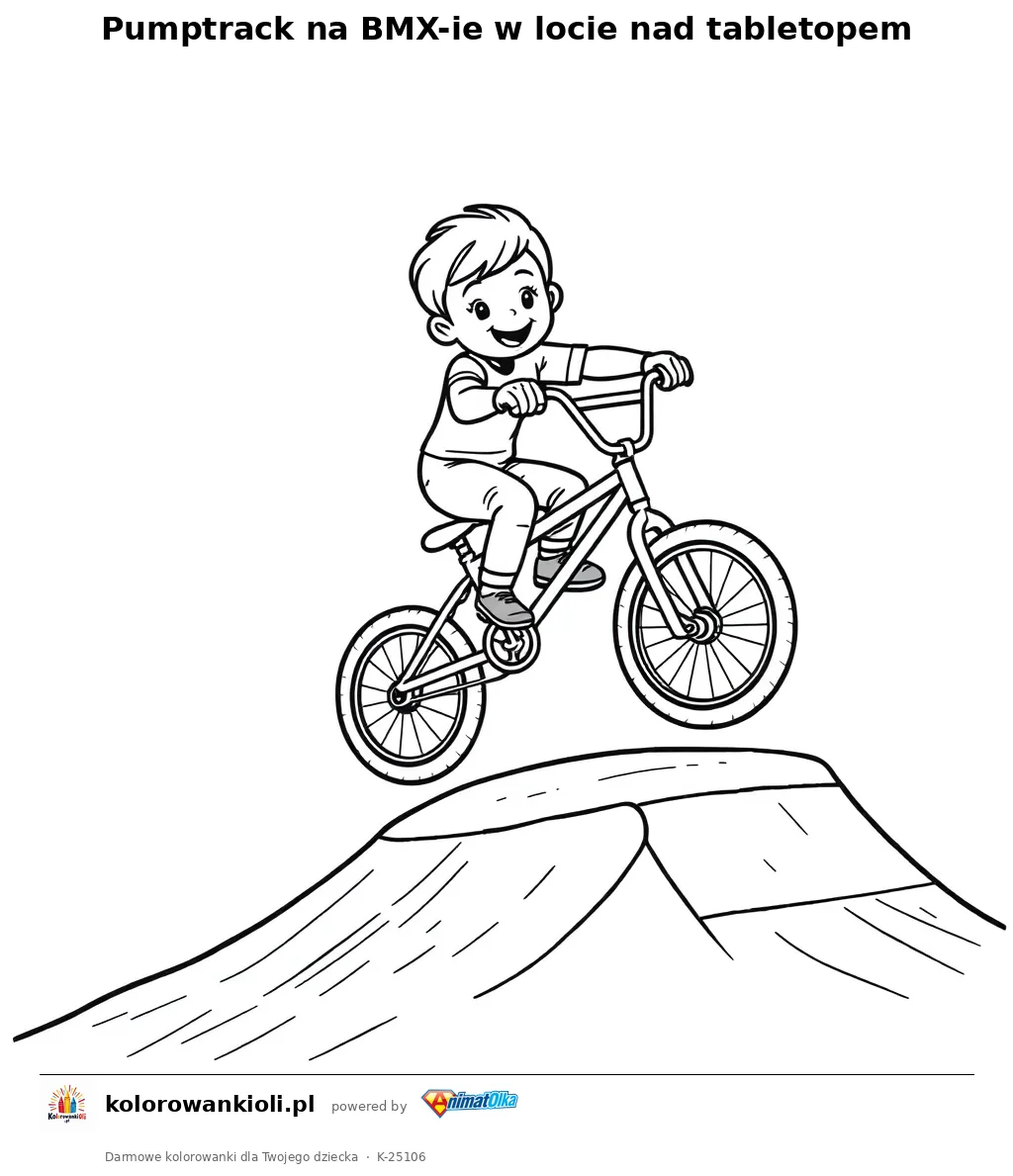 Pumptrack na BMX-ie w locie nad tabletopem — kolorowanka do wydruku dla dzieci