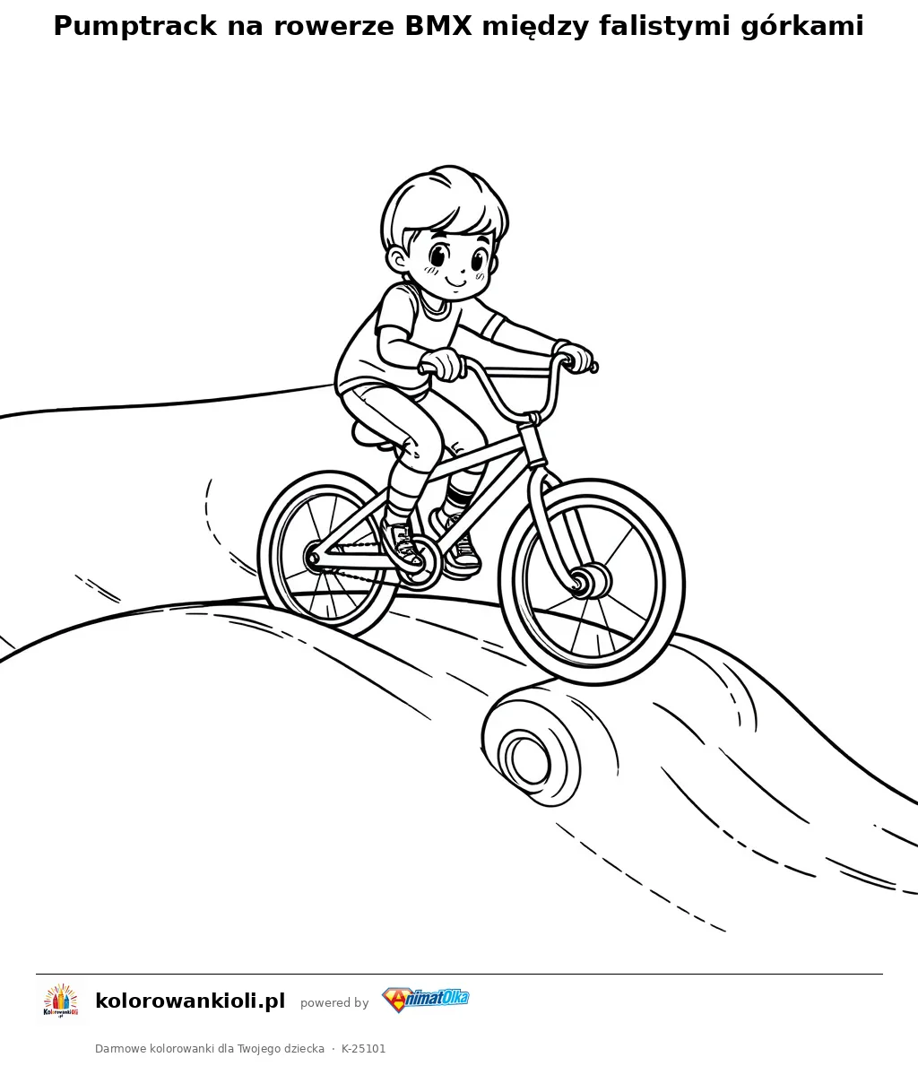 Pumptrack na rowerze BMX między falistymi górkami — kolorowanka do wydruku dla dzieci