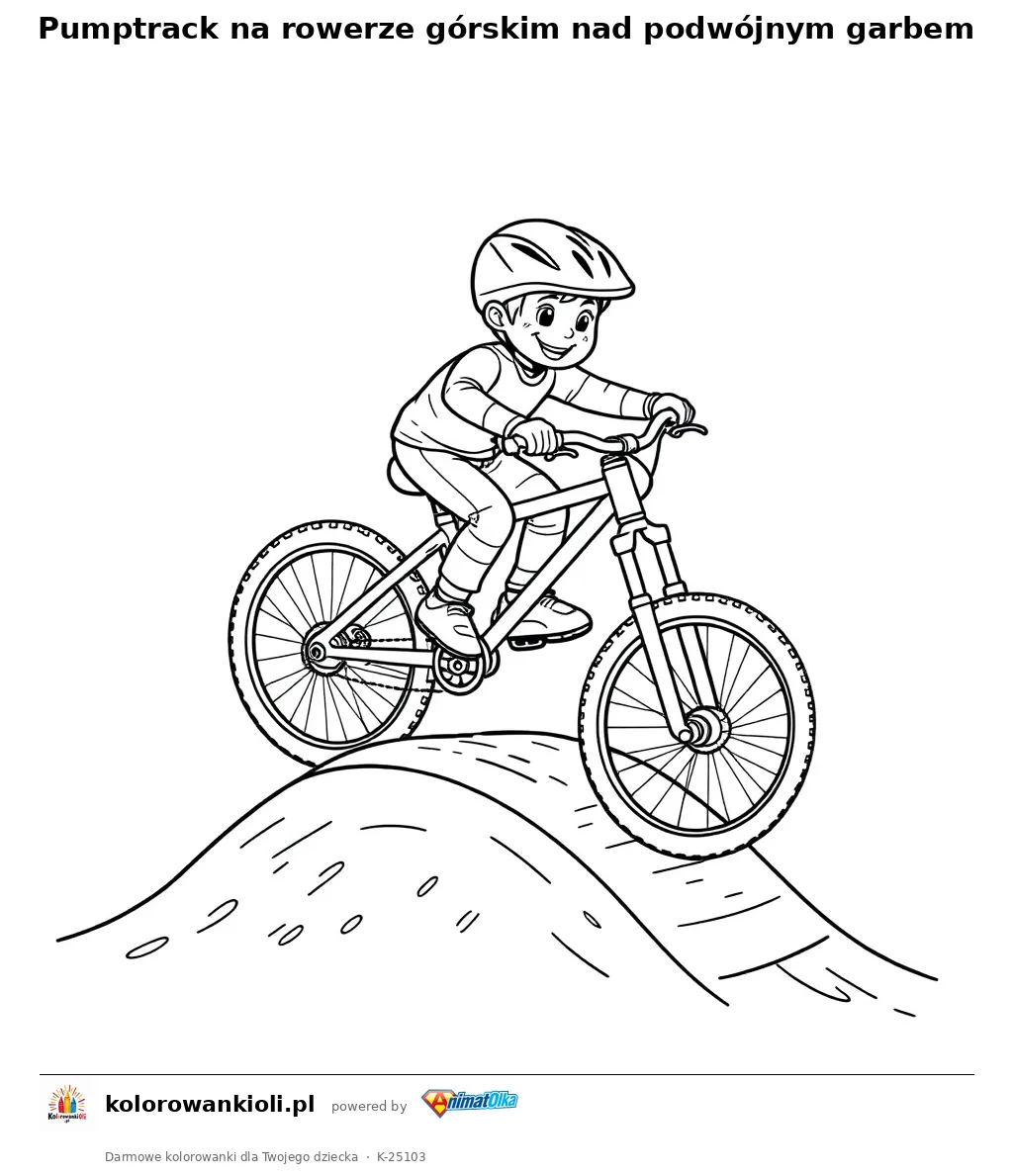 Pumptrack na rowerze górskim nad podwójnym garbem — kolorowanka do wydruku dla dzieci