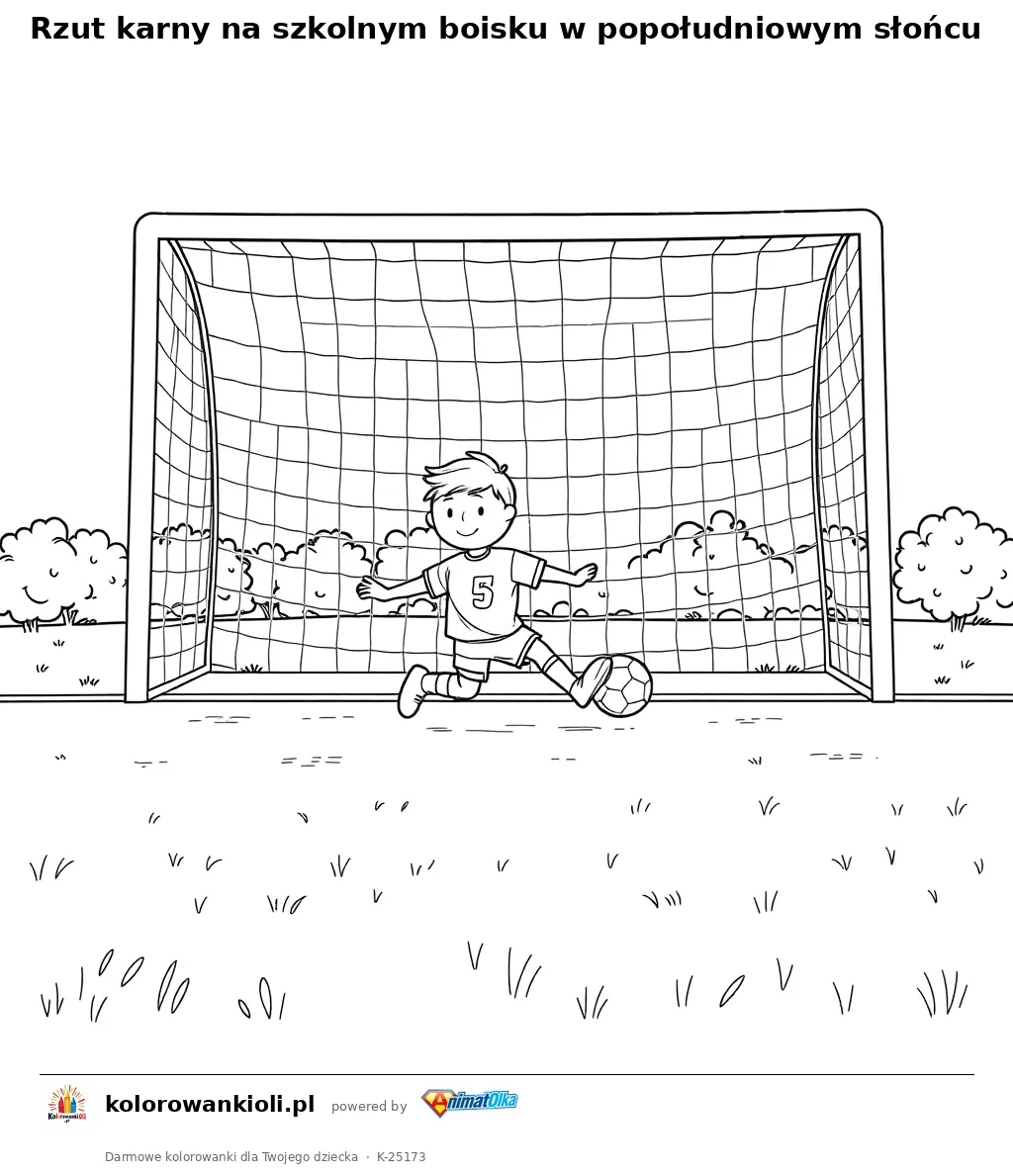 Rzut karny na szkolnym boisku w popołudniowym słońcu — kolorowanka do wydruku dla dzieci