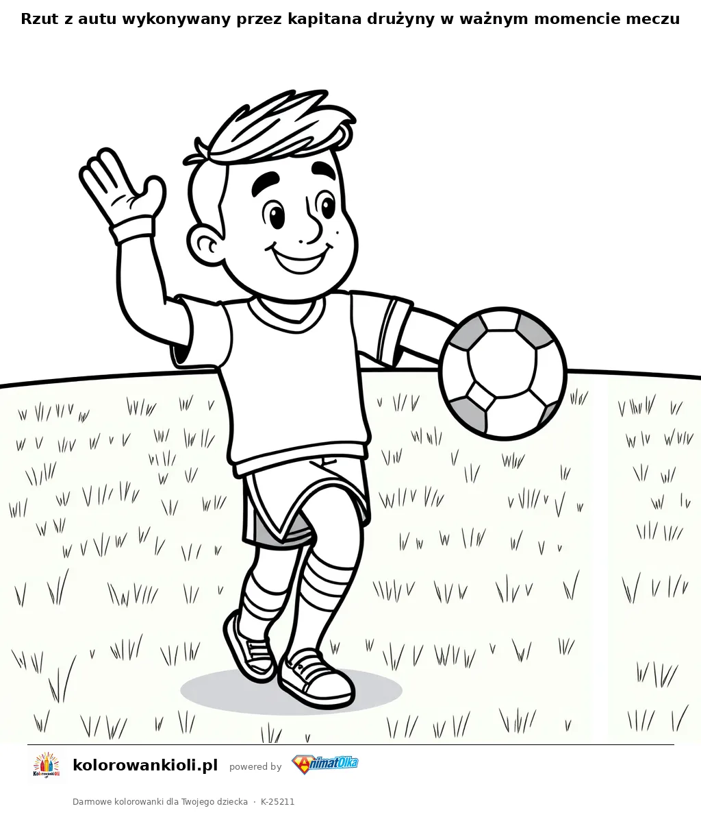 Rzut z autu wykonywany przez kapitana drużyny w ważnym momencie meczu — kolorowanka do wydruku dla dzieci