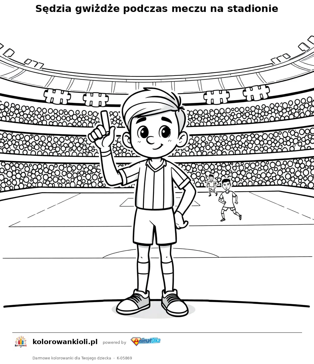Sędzia gwiżdże podczas meczu na stadionie — kolorowanka do wydruku dla dzieci