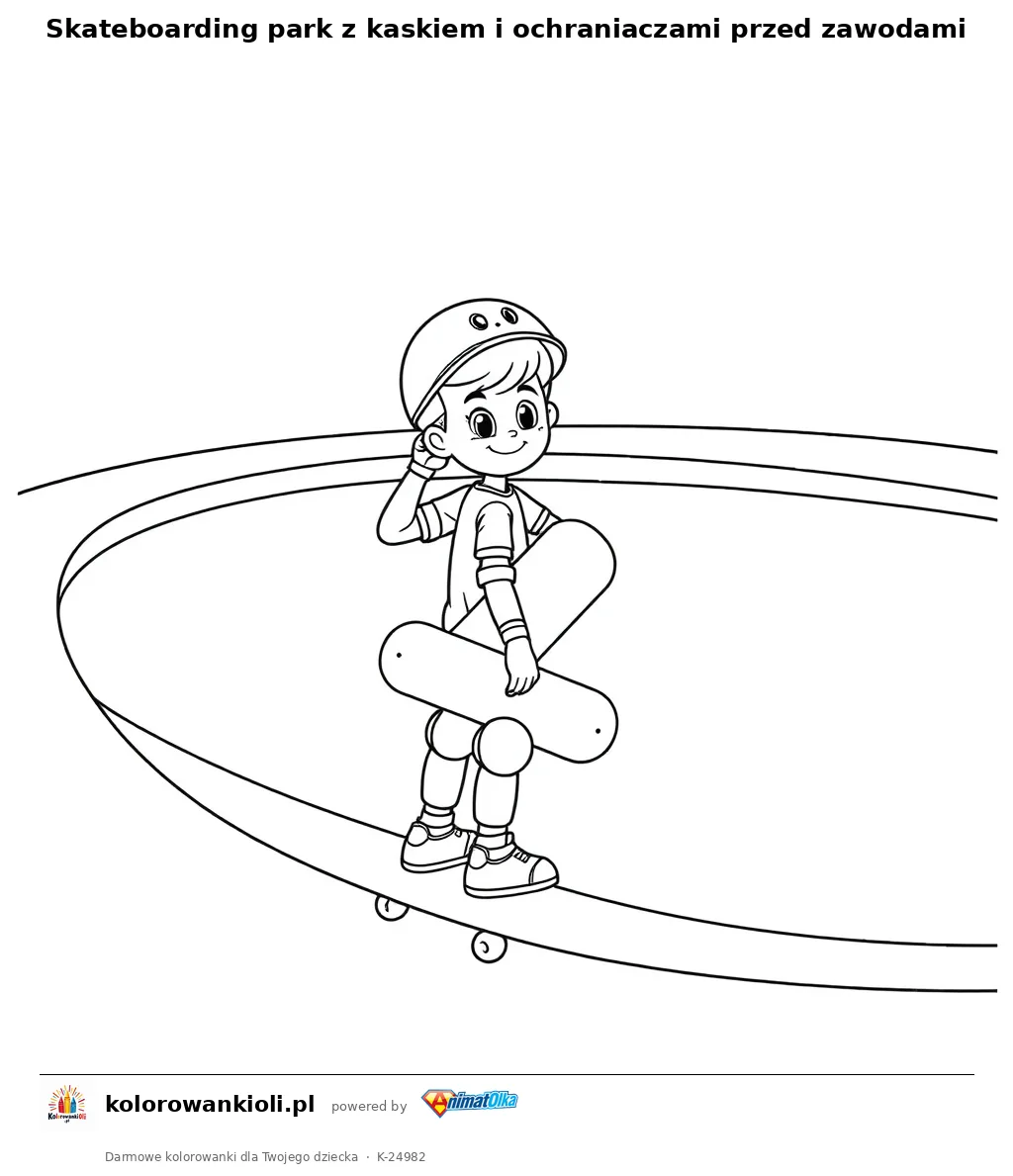 Skateboarding park z kaskiem i ochraniaczami przed zawodami — kolorowanka do wydruku dla dzieci