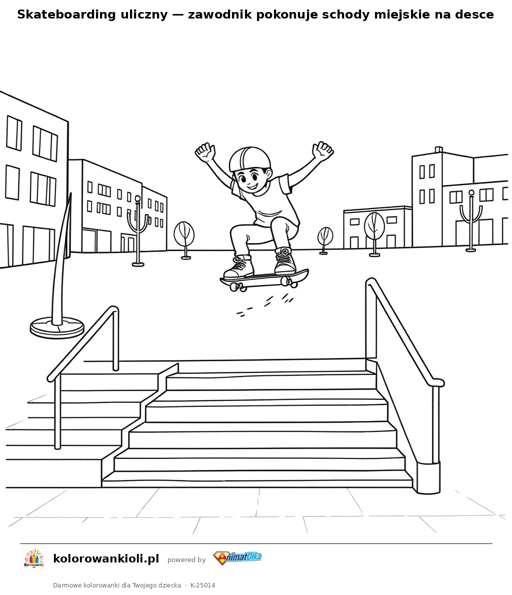 Skateboarding uliczny — zawodnik pokonuje schody miejskie na desce — kolorowanka do wydruku dla dzieci