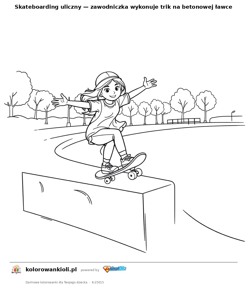 Skateboarding uliczny — zawodniczka wykonuje trik na betonowej ławce — kolorowanka do wydruku dla dzieci