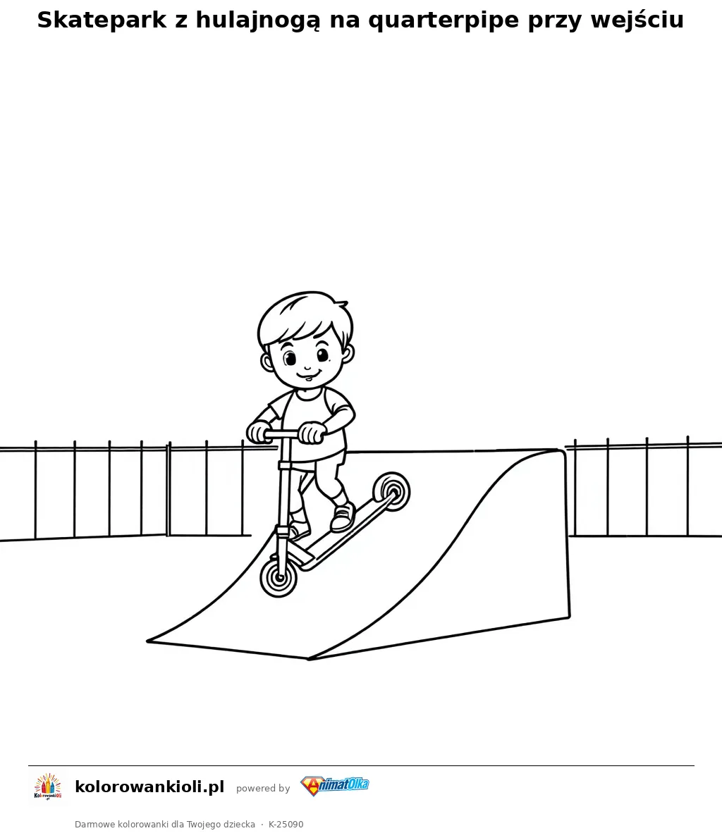Skatepark z hulajnogą na quarterpipe przy wejściu — kolorowanka do wydruku dla dzieci