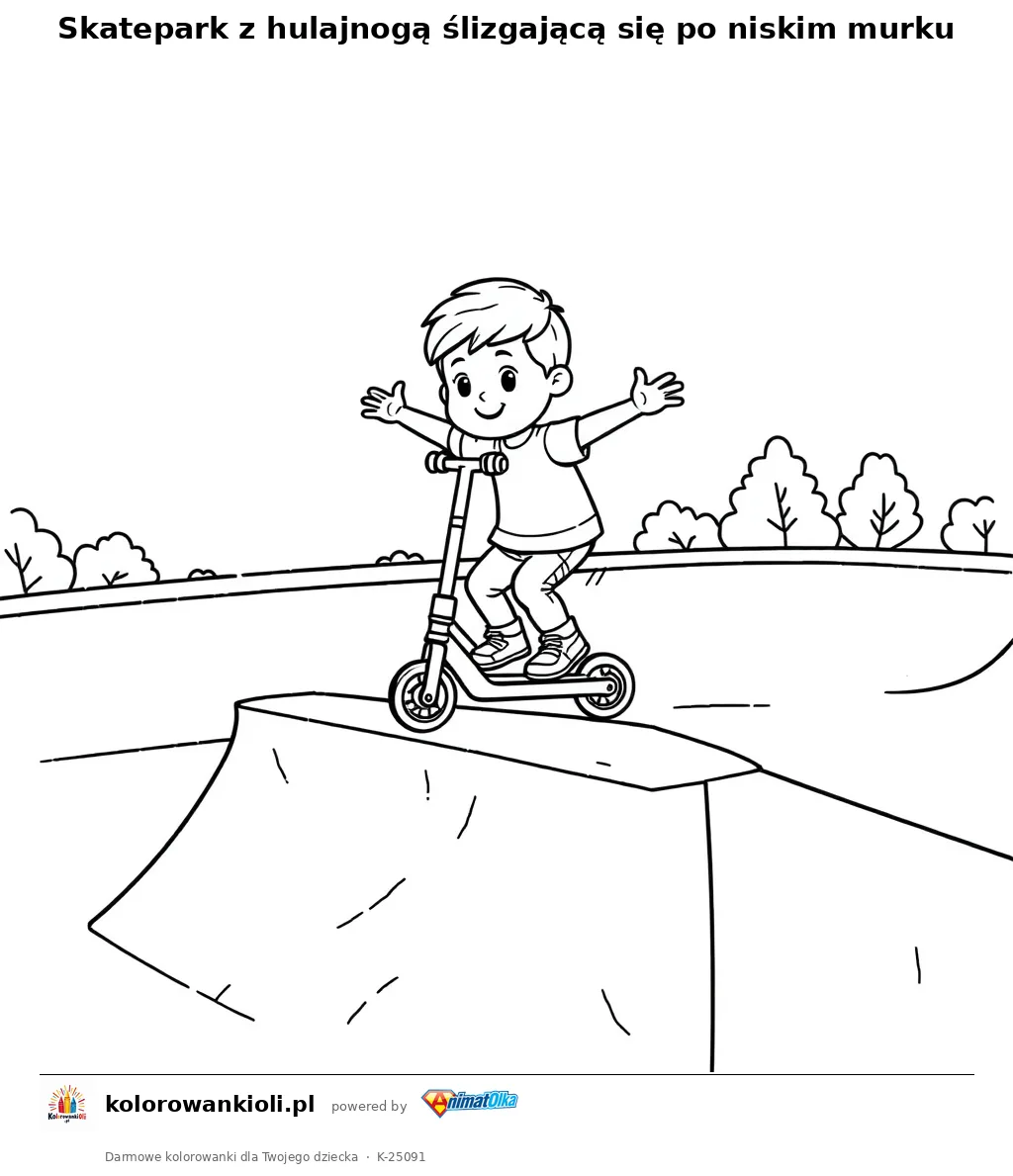 Skatepark z hulajnogą ślizgającą się po niskim murku — kolorowanka do wydruku dla dzieci