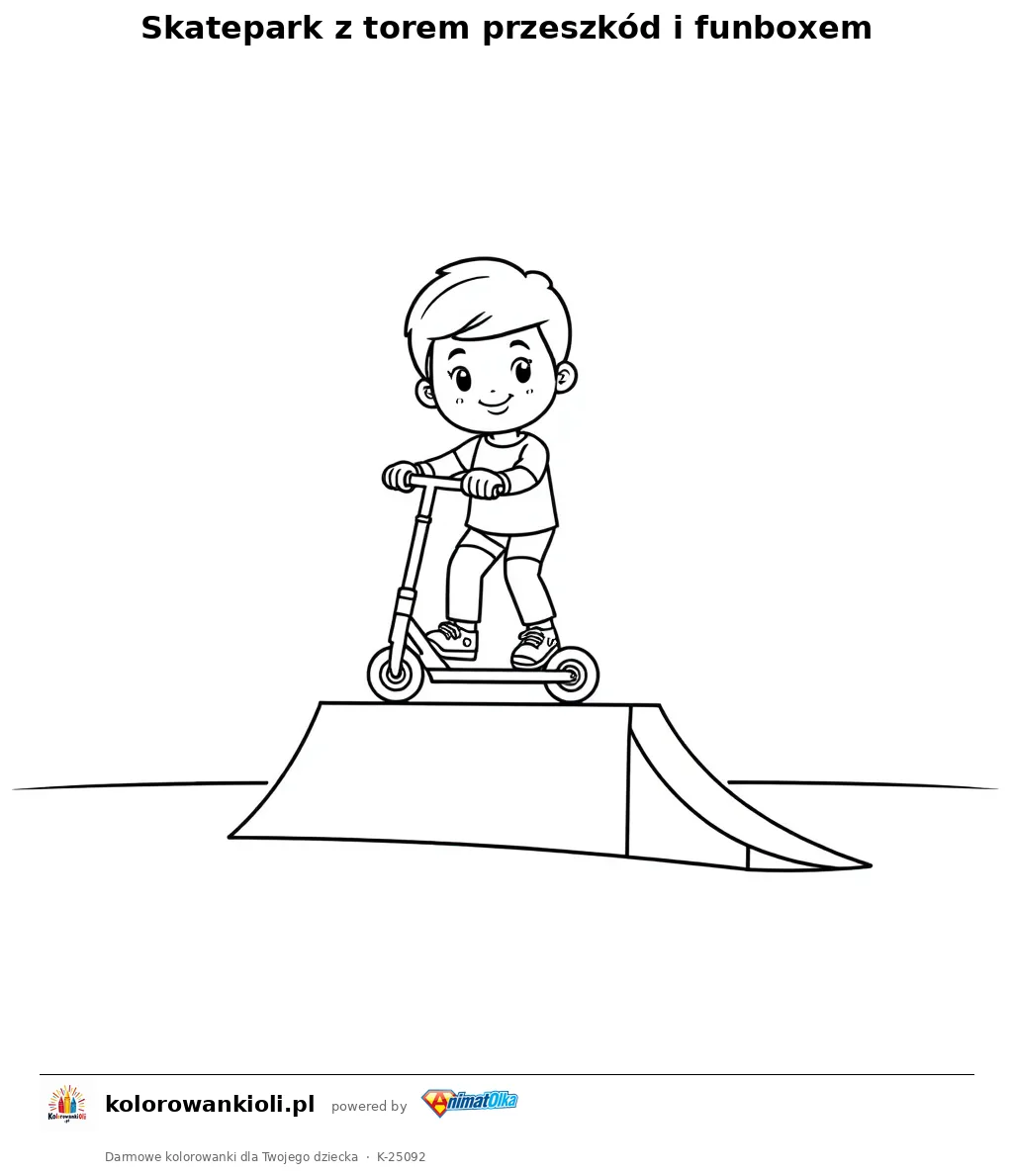 Skatepark z torem przeszkód i funboxem — kolorowanka do wydruku dla dzieci