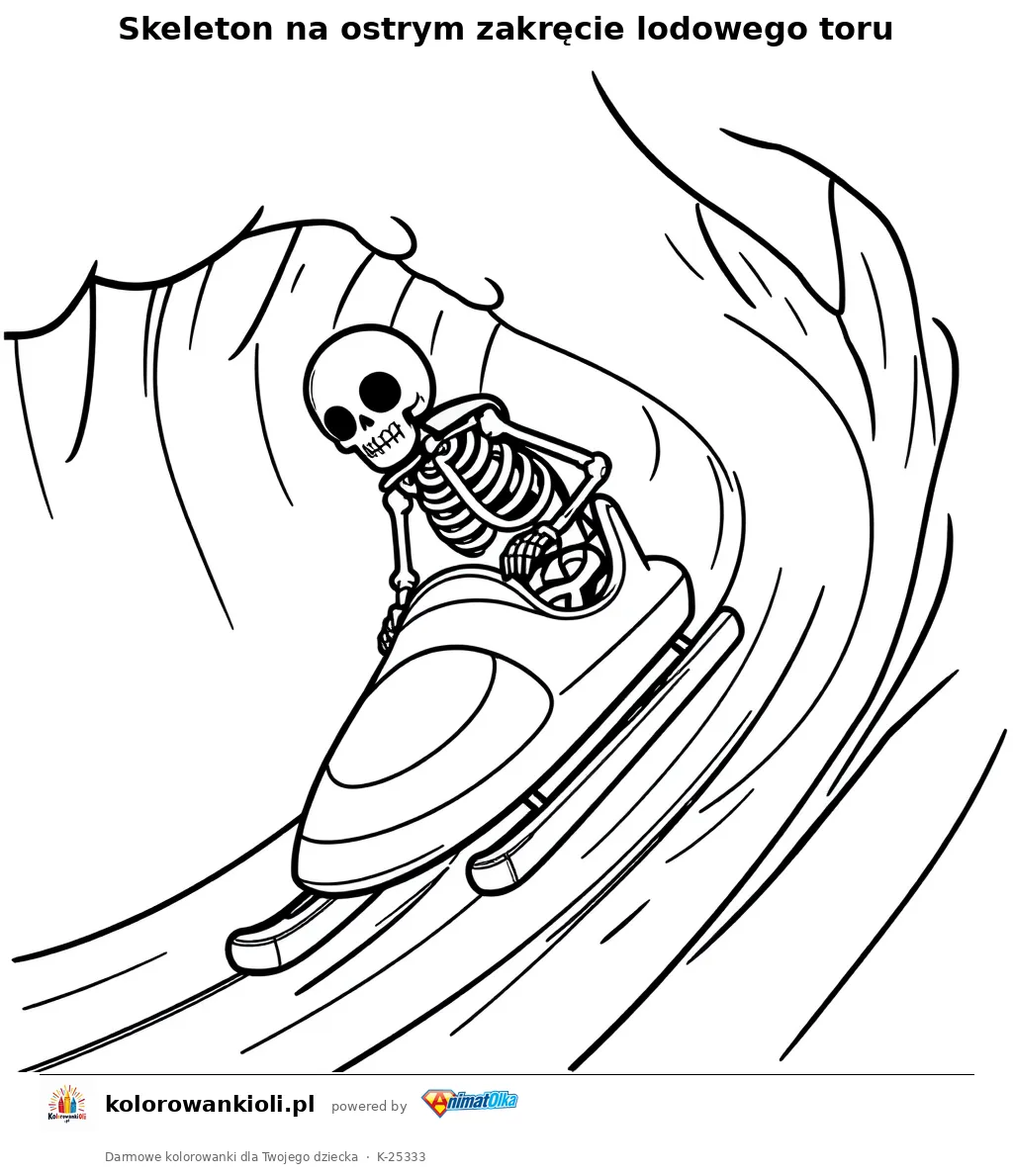 Skeleton na ostrym zakręcie lodowego toru — kolorowanka do wydruku dla dzieci