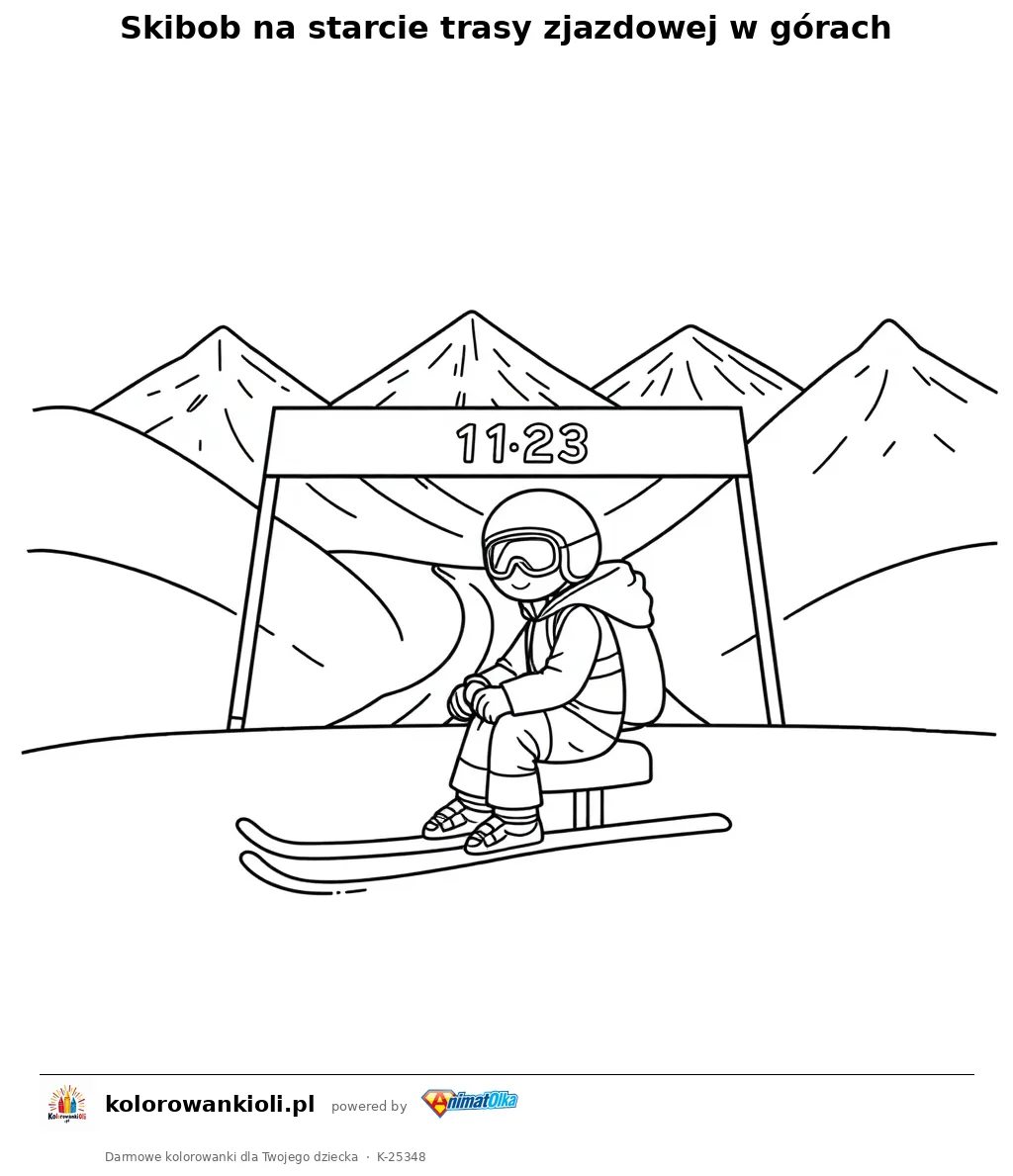 Skibob na starcie trasy zjazdowej w górach — kolorowanka do wydruku dla dzieci