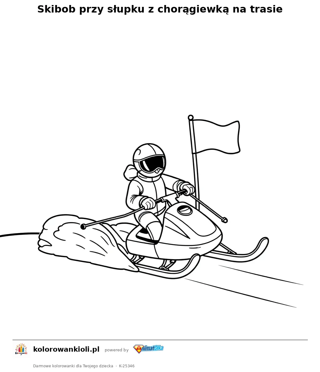 Skibob przy słupku z chorągiewką na trasie — kolorowanka do wydruku dla dzieci