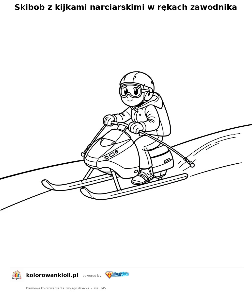 Skibob z kijkami narciarskimi w rękach zawodnika — kolorowanka do wydruku dla dzieci