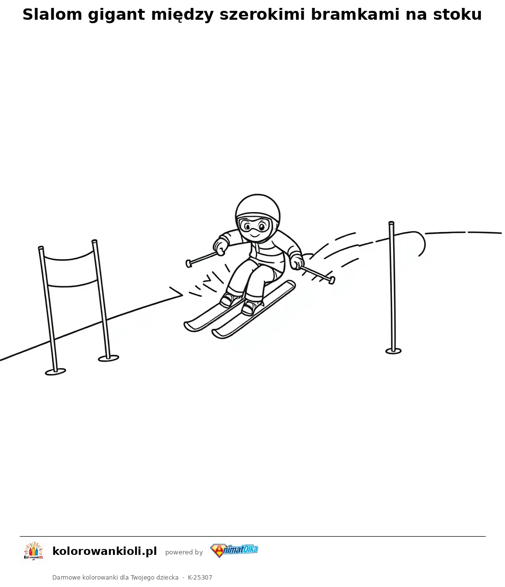 Slalom gigant między szerokimi bramkami na stoku — kolorowanka do wydruku dla dzieci