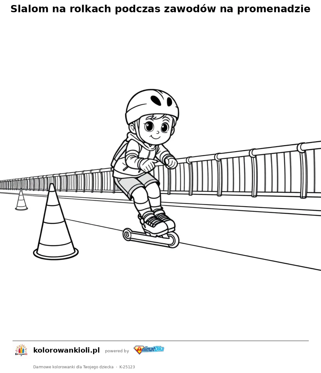 Slalom na rolkach podczas zawodów na promenadzie — kolorowanka do wydruku dla dzieci
