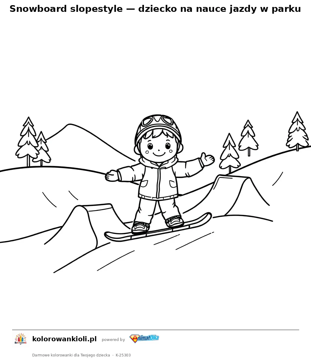 Snowboard slopestyle — dziecko na nauce jazdy w parku — kolorowanka do wydruku dla dzieci