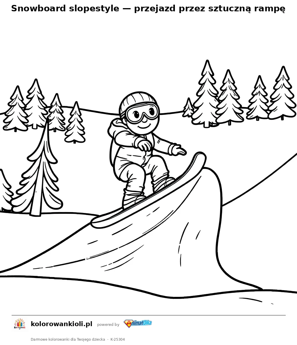 Snowboard slopestyle — przejazd przez sztuczną rampę — kolorowanka do wydruku dla dzieci