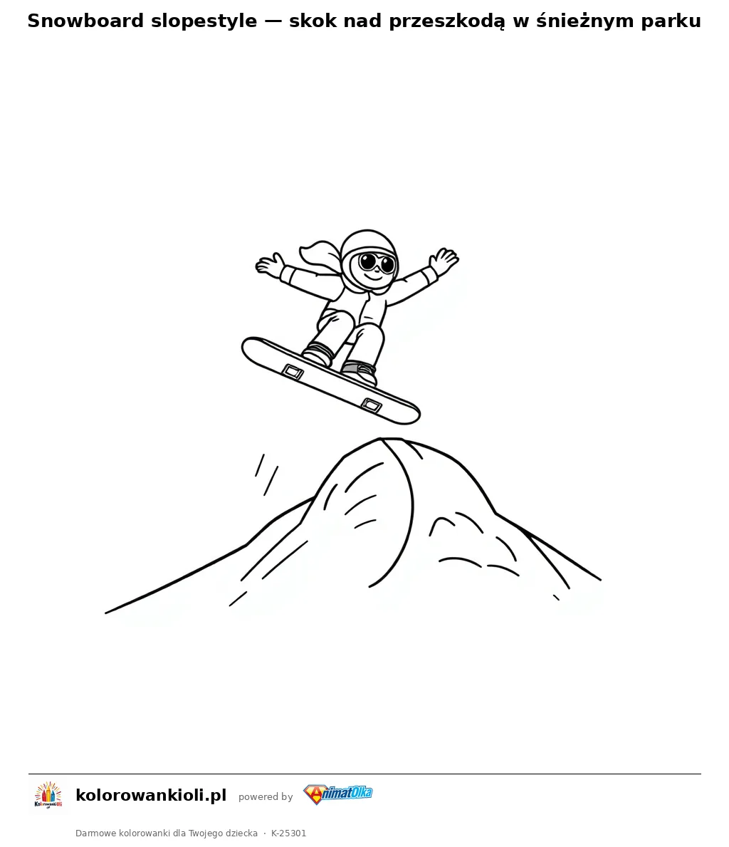 Snowboard slopestyle — skok nad przeszkodą w śnieżnym parku — kolorowanka do wydruku dla dzieci