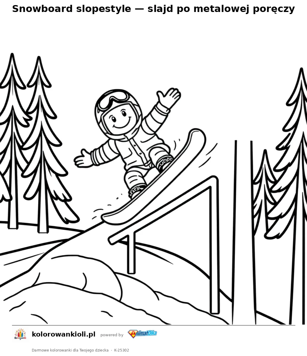 Snowboard slopestyle — slajd po metalowej poręczy — kolorowanka do wydruku dla dzieci