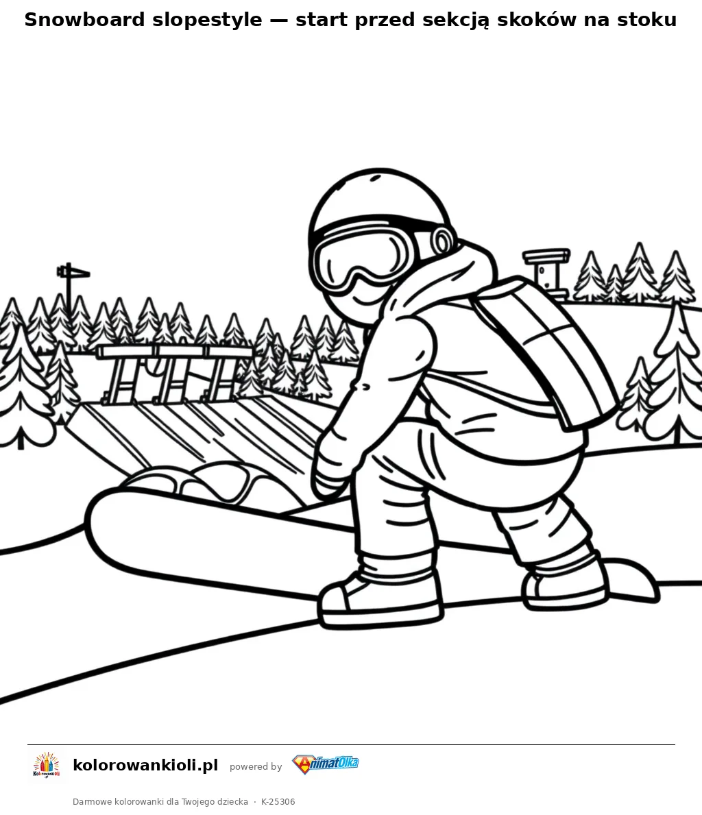 Snowboard slopestyle — start przed sekcją skoków na stoku — kolorowanka do wydruku dla dzieci