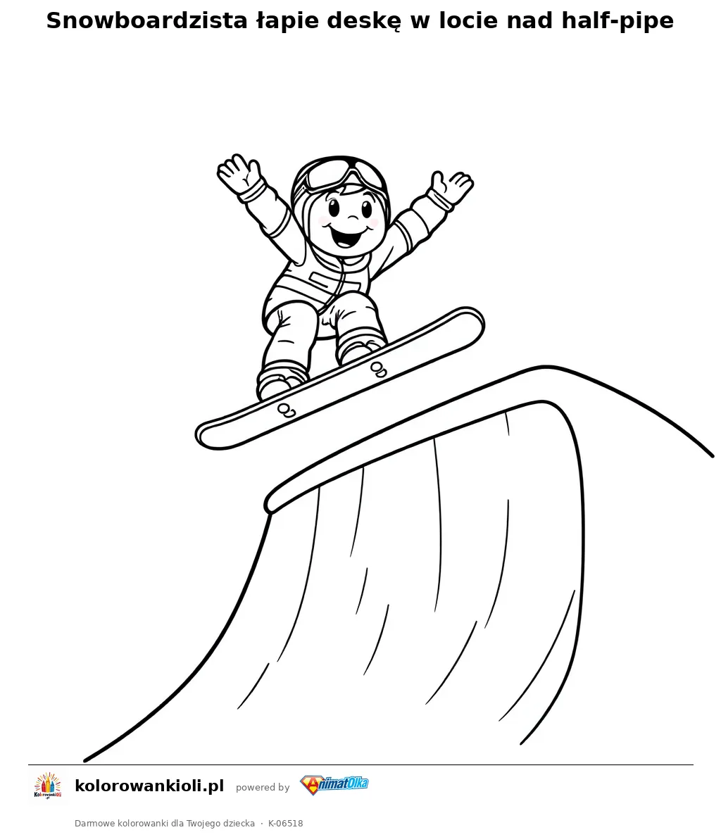 Snowboardzista łapie deskę w locie nad half-pipe — kolorowanka do wydruku dla dzieci