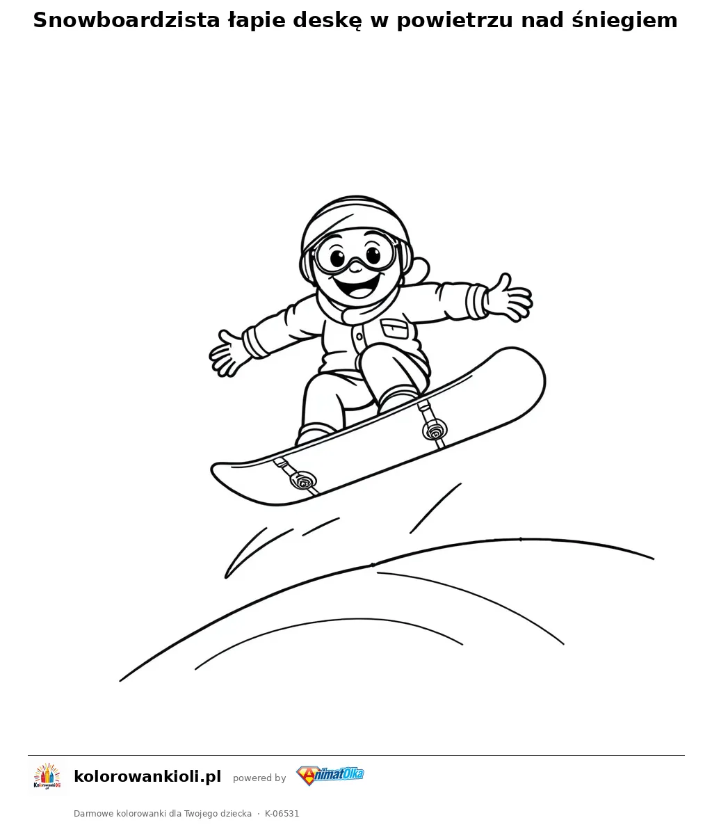 Snowboardzista łapie deskę w powietrzu nad śniegiem — kolorowanka do wydruku dla dzieci