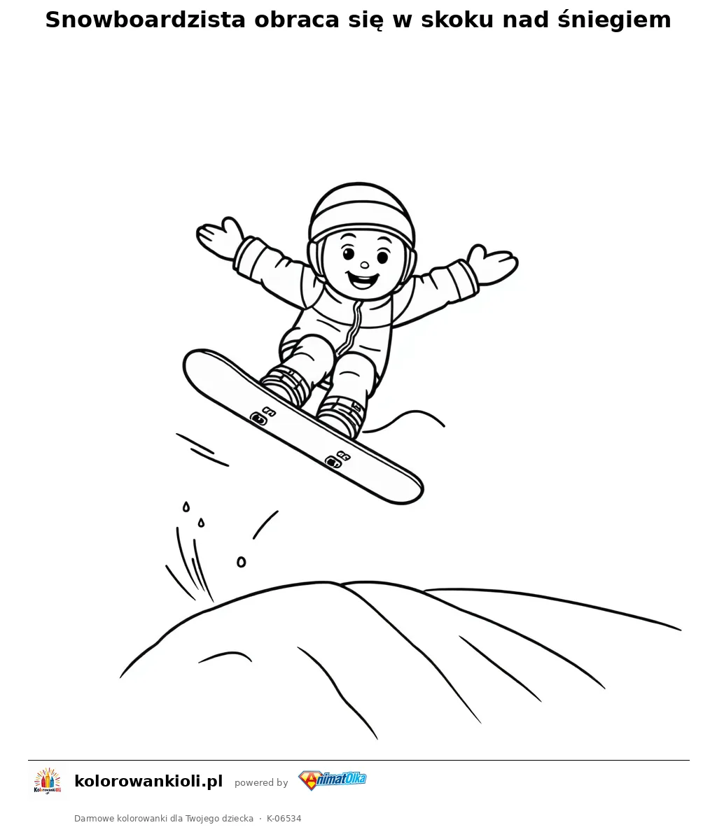 Snowboardzista obraca się w skoku nad śniegiem — kolorowanka do wydruku dla dzieci