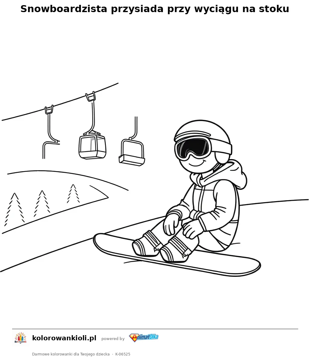 Snowboardzista przysiada przy wyciągu na stoku — kolorowanka do wydruku dla dzieci