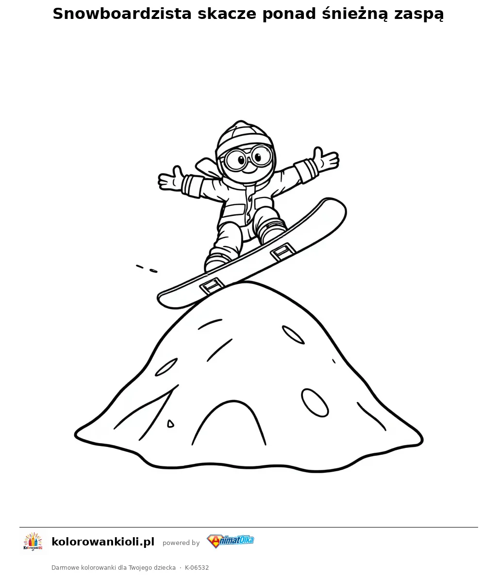Snowboardzista skacze ponad śnieżną zaspą — kolorowanka do wydruku dla dzieci