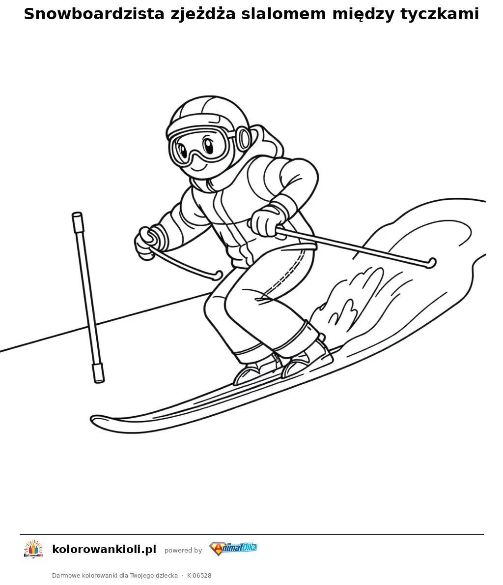Snowboardzista zjeżdża slalomem między tyczkami — kolorowanka do wydruku dla dzieci