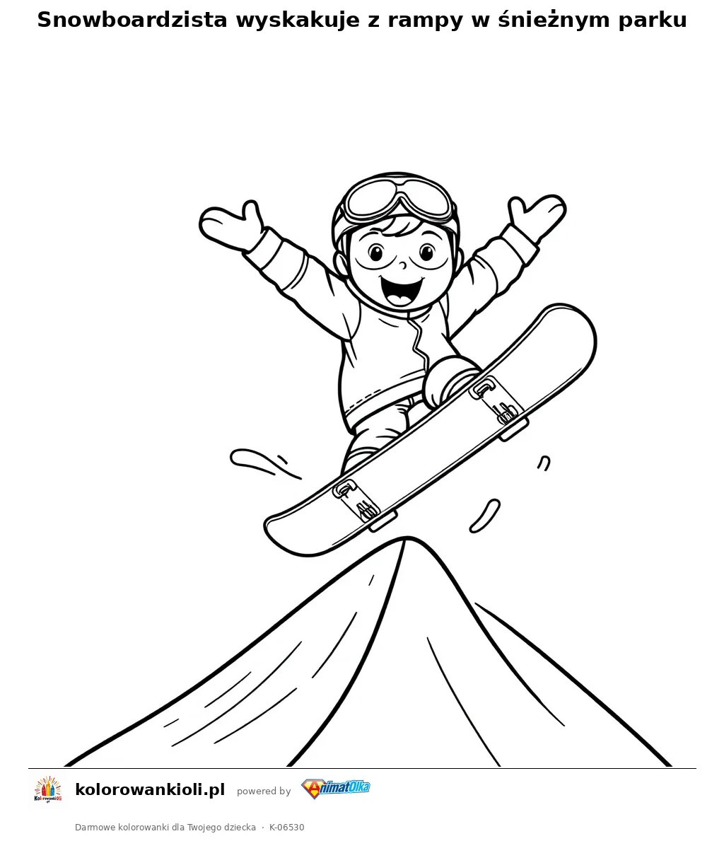 Snowboardzista wyskakuje z rampy w śnieżnym parku — kolorowanka do wydruku dla dzieci