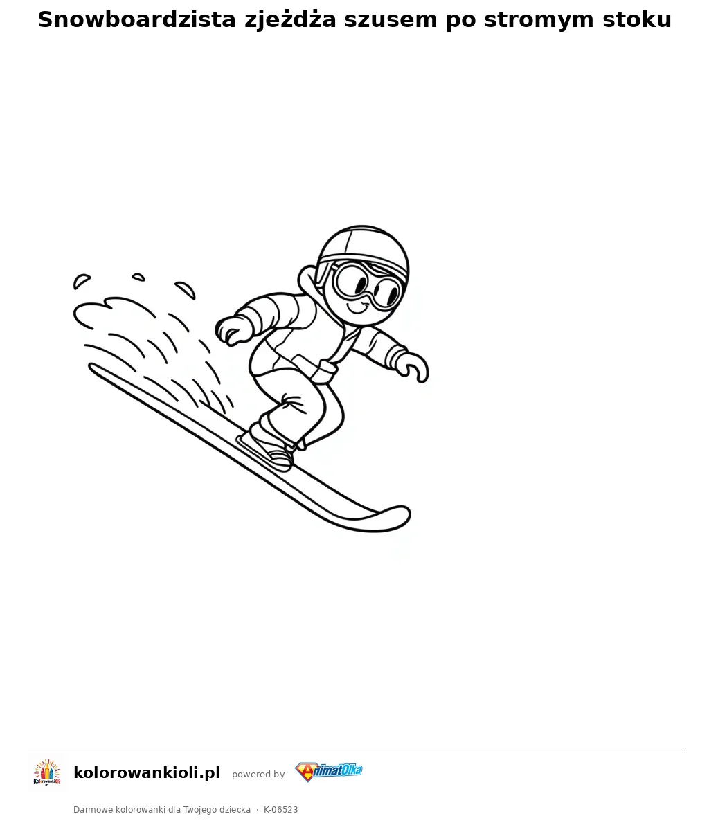 Snowboardzista zjeżdża szusem po stromym stoku — kolorowanka do wydruku dla dzieci