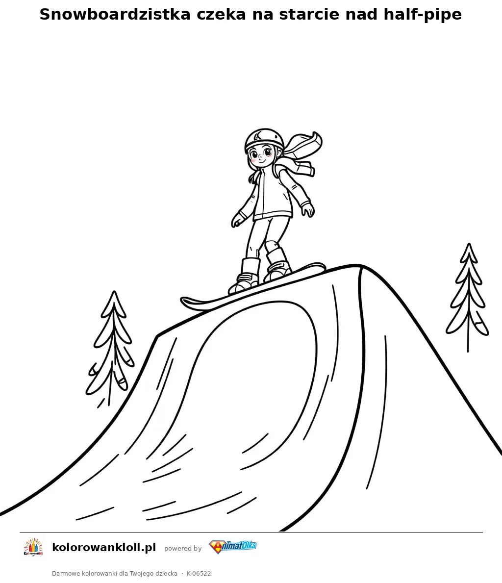 Snowboardzistka czeka na starcie nad half-pipe — kolorowanka do wydruku dla dzieci