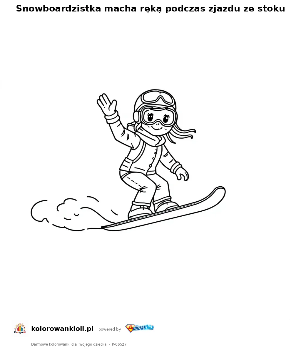 Snowboardzistka macha ręką podczas zjazdu ze stoku — kolorowanka do wydruku dla dzieci