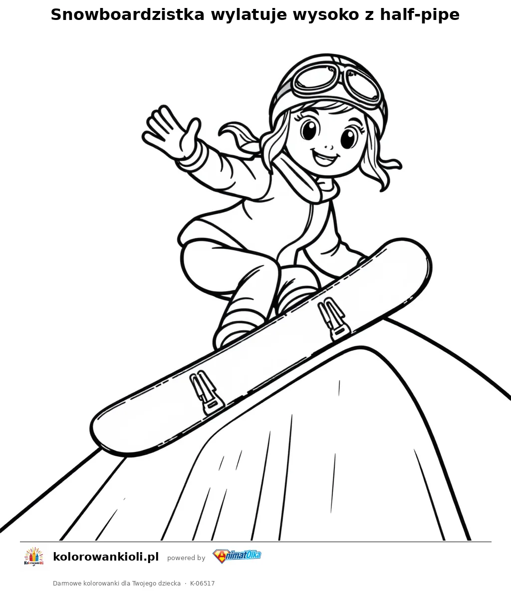 Snowboardzistka wylatuje wysoko z half-pipe — kolorowanka do wydruku dla dzieci
